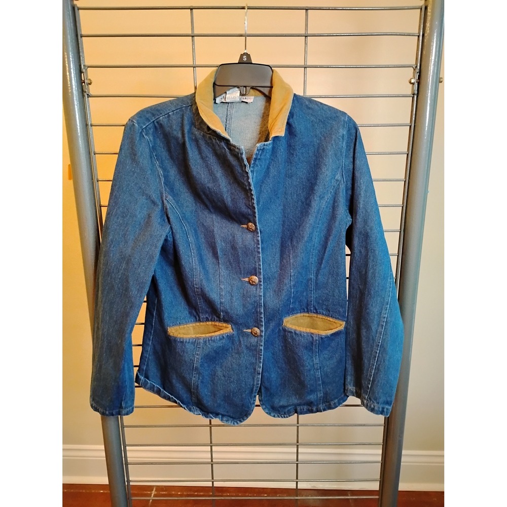 JG Hook Denim Blazer Jacket Blue Cotton Corduroy Trim Size 8 Vintage Style